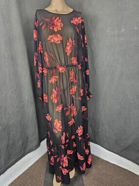Ava & Viv Black Floral Maxi Dress 1X Plus Chiffon Smocked Cuff Cottagecore Boho